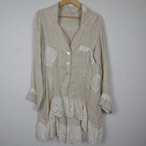 Paper Lace Women Linen‎ Tunic Jacket Sz Medium Lace Patchwork Boho Lagenlook